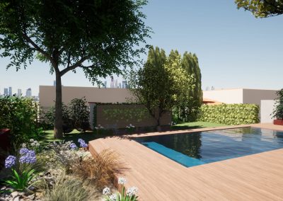 vue piscine, terrasse et jardin arrière rendu 3D