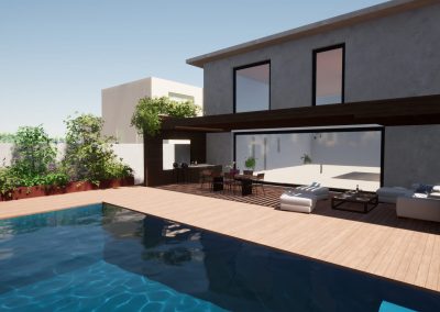 vue piscine, patio et terrasse rendu 3D